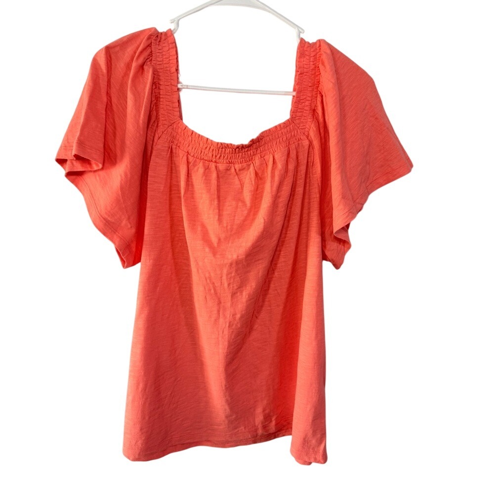 St Johns Bay Georgia Peach Smocked Square Neck Flutter Sleeve Cotton Top‎ XL